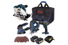 RYOBI CORDLESS DRILL, JIGSAW, CIRCULAR SAW, MOUSE SANDER KIT WITH CHARGER 2X4AH