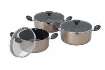 TEVO TRADING NON-STICK CHAMPAGNE COOKWARE SET STAINLESS STEEL 6PC BENNETT READ.