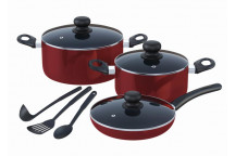 TEVO TRADING NON-STICK METALIC COOKWARE SET STAINLESS STEEL 9PC RED BENNETT READ