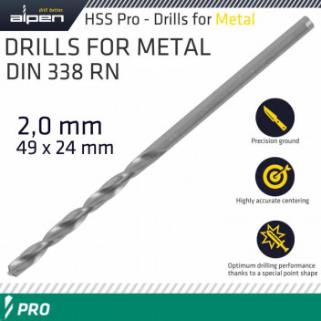 ALPEN PRO HSS 2MM DRILL DIN 338 RN 135 SPLIT POINT PLASTIC WALLET