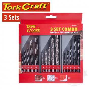 TORK CRAFT DRILL BIT 3 SET COMBO WOOD + MASONRY + HSS