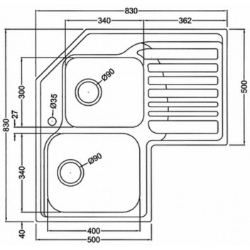 FRANKE STUDIO DOUBLE BOWL SINK RHD INSET INCL WASTE 830X830X190MM