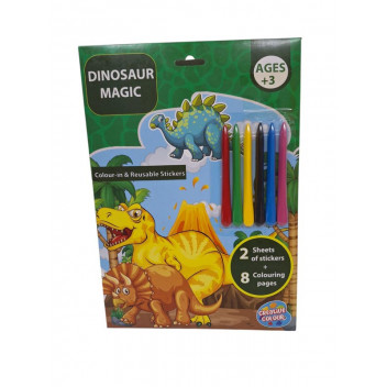 MAGIC DINOUSAUR COLOURING BOOK 8XSHEETS 7XCRAYONS 32XSTICKERS