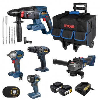 CORDLESS DRILL, GRINDER, WRENCH, HAMMER AND TORCH KIT WITH CHARGER 2X4AH