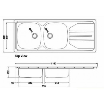 FRANKE NOUVEAU DOUBLE SINK BOWL INC. WASTE INSET 1160X460X149MM