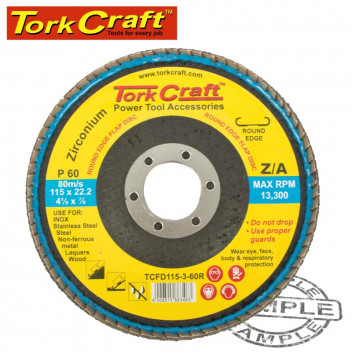 TORKCRAFT FLAT 60 GRIT ZARCONIUM ROUND EDGE FLAP DISC