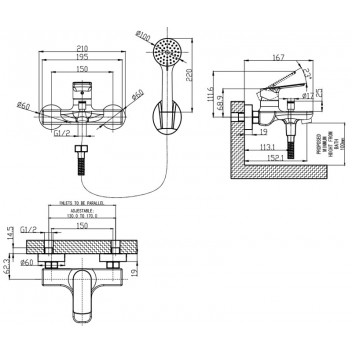 BIJIOU SATIN NICKEL SAVOLE COMPLETE EXPOSED BATH MIXER