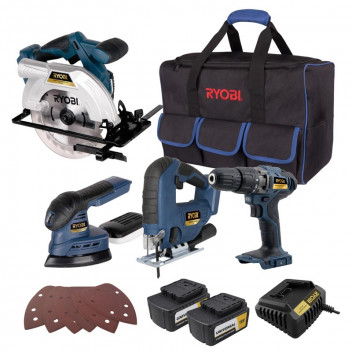 RYOBI CORDLESS DRILL, JIGSAW, CIRCULAR SAW, MOUSE SANDER KIT WITH CHARGER 2X4AH