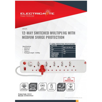 ELECTRICMATE MULTIPLUG WITH SINGLE SWITCH AND SURGE  12WAY