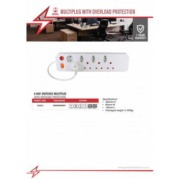 ELECTRICMATE 8WAY MULTIPLUG WITH SINGLE SWITCH AND OVERLOAD PROTECT