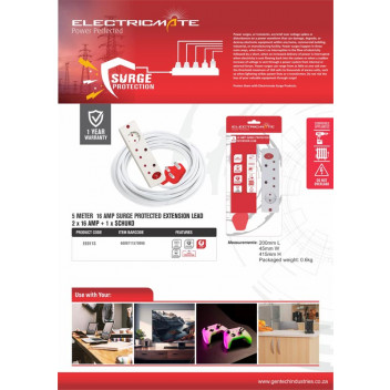 ELECTRICMATE WHITE MEDIUM SURGE PROTECT EXTENSION LEAD 5M