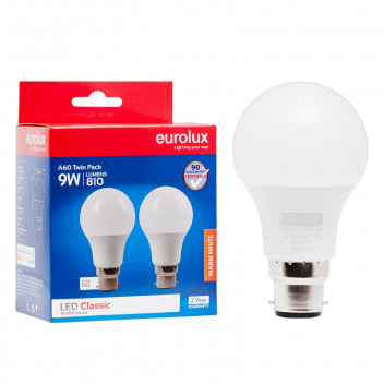 EUROLUX LED BULB A62 B22 WARM WHITE 9W 2 PACK