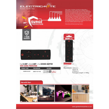 ELECTRICMATE BLACK MEDIUM SURGE PROTECT ADAPTOR 1X16AMP + 2X5AMP + SCHUKO