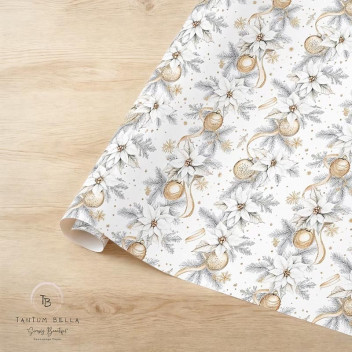 WRAPPING PAPER WHITE POINSETTIA GOLD 500X750MM