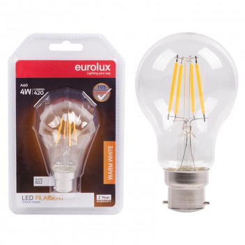EUROLUX LED FILAMENT BULB B22 4W A60 3000K WARM WHITE
