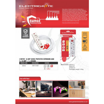 ELECTRICMATE WHITE MEDIUM SURGE PROTECT EXTENSION LEAD 3M