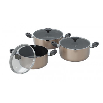 TEVO TRADING NON-STICK CHAMPAGNE COOKWARE SET STAINLESS STEEL 6PC BENNETT READ.