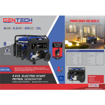 GENTECH PETROL GENERATOR ELECTRIC START 8KVA  6.5KW