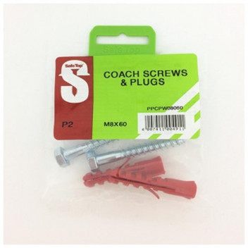 SAFETOP SCREW COACH WALL PLUG 8X60MM 2PP