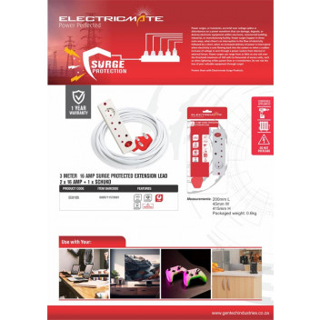ELECTRICMATE WHITE MEDIUM SURGE PROTECT EXTENSION LEAD 3M