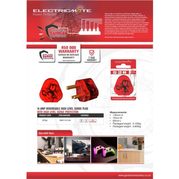 ELECTRICMATE RED HIGH SURGE PROTECT PLUG TOP  16AMP