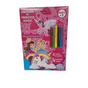 UNICORN AND PRINCESS COLOURING BOOK 9XSHEETS 7XCRAYONS 32XSTICKERS