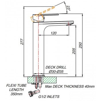HIGH BASIN SHORE MIXER 210MM.