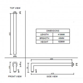 LONG BLACK SQUARE SHOWER ARM 400MM