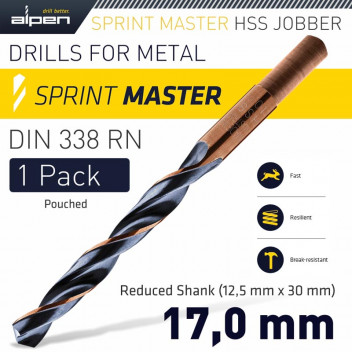 ALPEN HSS SPRINT MASTER 17.0MM RED SHANK 12.5MM X1 SLEEVED DIN338 DRIL