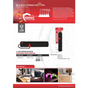 ELECTRICMATE BLACK 8WAY HIGH SURGE PROTECT MULTIPLUG