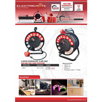 ELECTRICMATE SURGE EXTENSION REEL  16AMP  25M