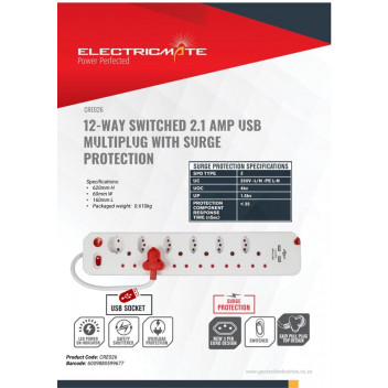 ELECTRICMATE 12 WAY MULTIPLUG WITH SINGLE SWITCH AND 2.1USB AND SURGE