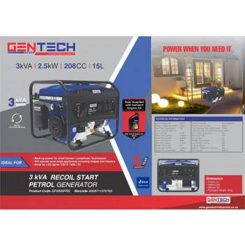 GENTECH PETROL GENERATOR RECOIL START 3KVA  205KW