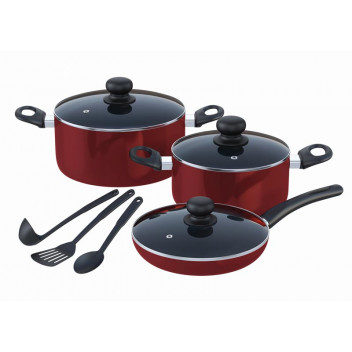 TEVO TRADING NON-STICK METALIC COOKWARE SET STAINLESS STEEL 9PC RED BENNETT READ