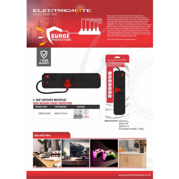 ELECTRICMATE 8WAY MULTIPLUG WITH SINGLE SWITCH AND SURGE