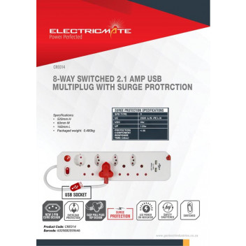 ELECTRICMATE  8WAY MULTIPLUG WITH SINGLE SWITCH AND 2.1USB AND SURGE
