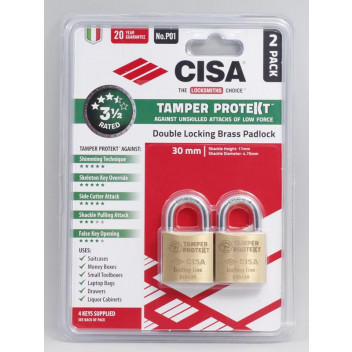 PADLOCK 30MM  2PP KEYED ALIKE 2201030KX2BLST TAMPER PROTEKT  CISA