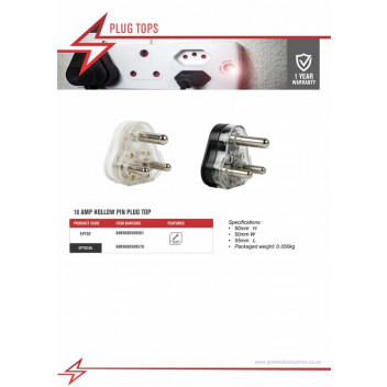 ELECTRICMATE 16 AMP HOLLOW PIN PLUG TOP WHITE
